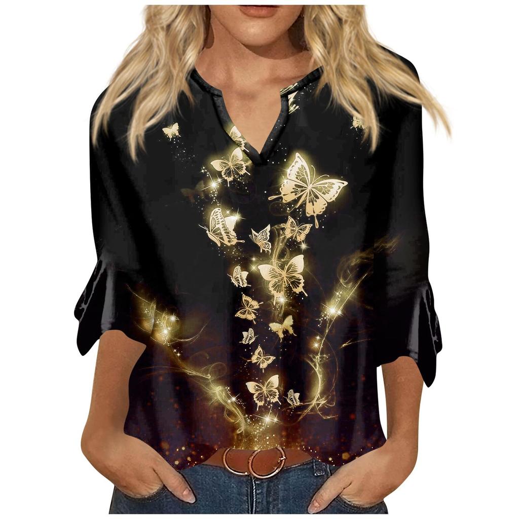 3/4 Sleeve Shirts For Women Pattern Print Graphic Tees Blouses Casual Plus Size Basic Tops Pullover
