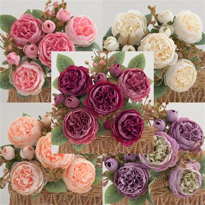 Artificial Flowers Silk Peony Bouquet Home Living Room Decoration Simulation Flower Tea Bud Pink Peonies Green Plant Party Decor