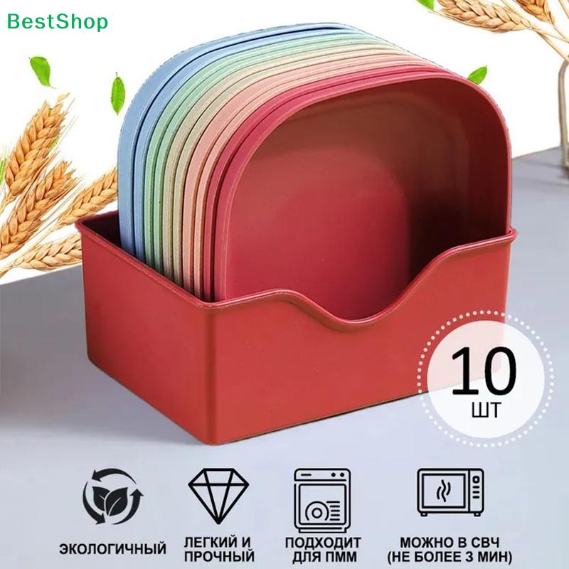 10-Piece Wheat Straw Snack Plates with Stand – Colorful Reusable Appetizer Plates for Dessert & Fruit