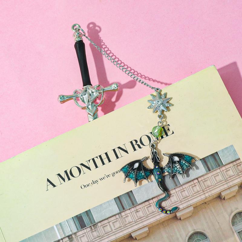 Sword-Shaped Weapon Model Metal Bookmark With Double-Winged Dragon Pendant Book Lovers Reading Accessories Birthday Gift