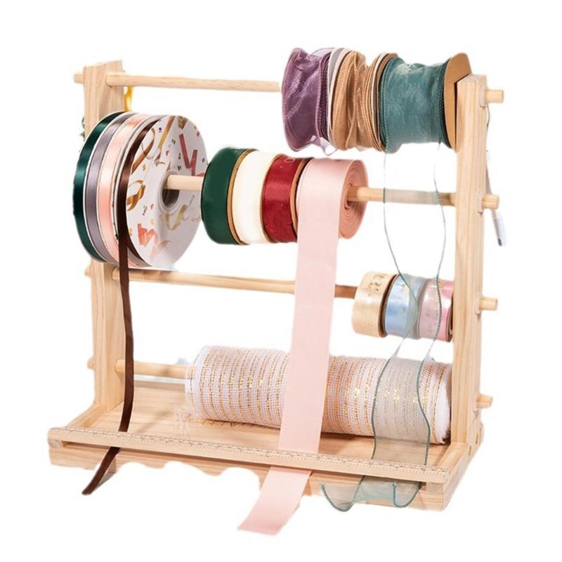 4 Tiered Wood Ribbon Holder with Hanging Hook Wood Scale Ruler Storage Ribbon Spool Holder Sewing Supply Organizers