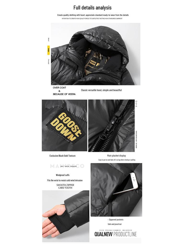 Black Gold Hooded Men's Goose Down Jacket - Thickened, Warm, Cold-Proof Winter Coat
