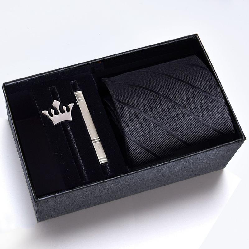 Gift Box Men'S Tie Four-Piece Set, Can Add Formal Business 8Cm Striped Black Wedding Groom