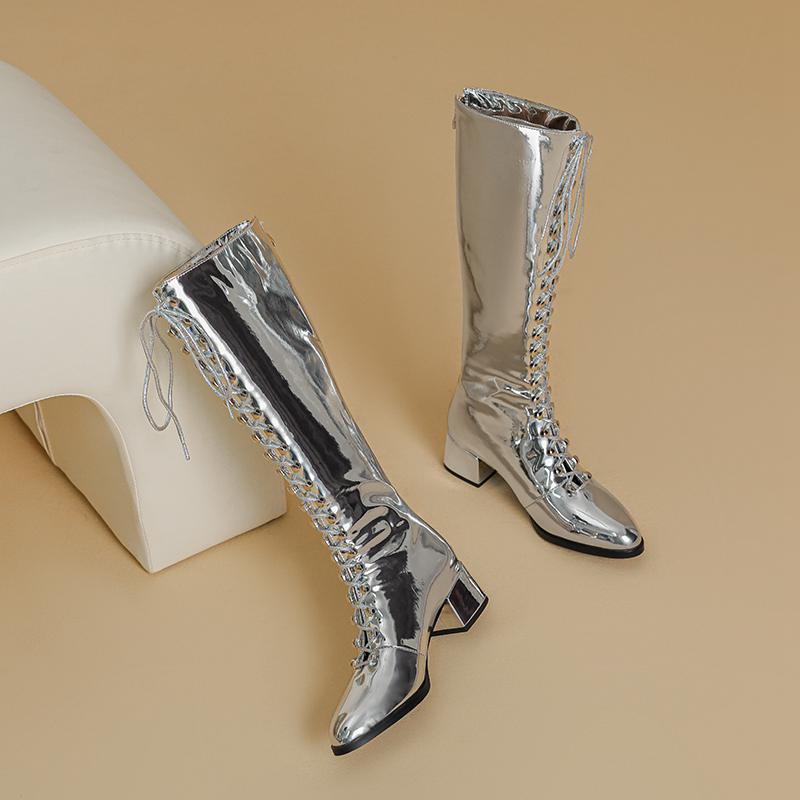 Krazing Pot Microfiber Autumn Winter Shoes Fashion Boots Round Toe Keep Warm Cross-tied Med Heels Thigh High Boots