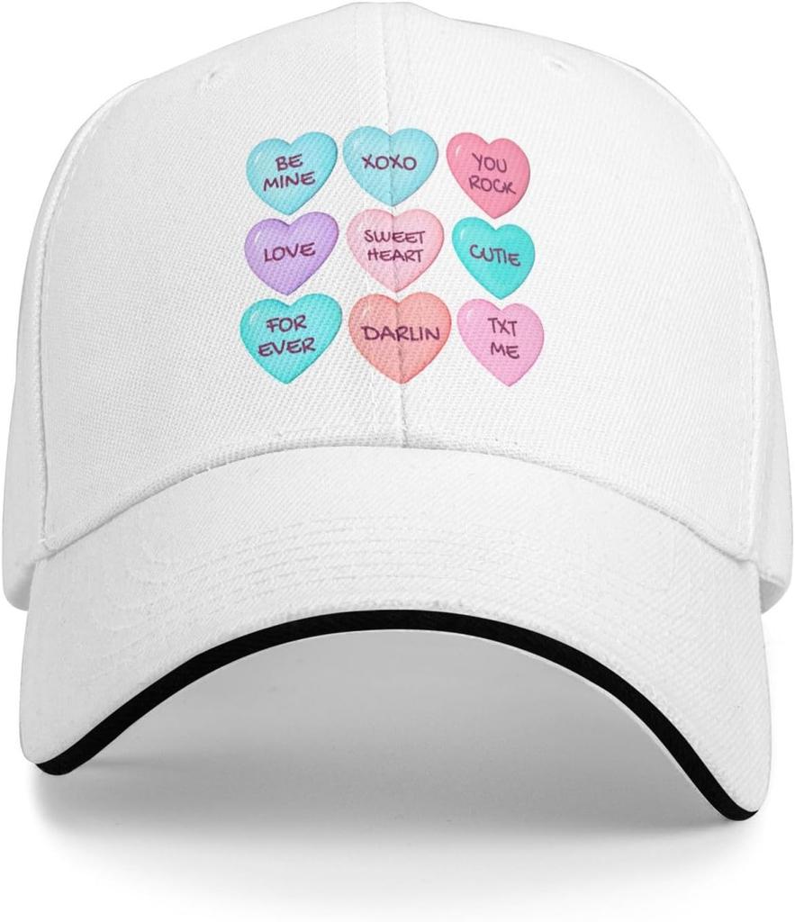Candy Hearts Themed Baseball Cap Polyester Casual Sun Protection Adjustable Hat for Unisex