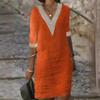 Abito da Donna in Cotone e Lino con Scollo in Pizzo e Polsini a V Abito Mini Monocolore Fashion con Lavorazione a Rete Abito Casual da Donna a Manica Media