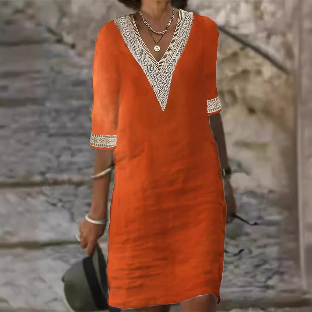 Abito da Donna in Cotone e Lino con Scollo in Pizzo e Polsini a V Abito Mini Monocolore Fashion con Lavorazione a Rete Abito Casual da Donna a Manica Media