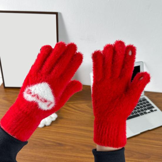 1 Pair Women Gloves Fingerless Red Heart Design Soft Fleece Lined Touchscreen Warm Mittens Valentine Day New Year Accessories
