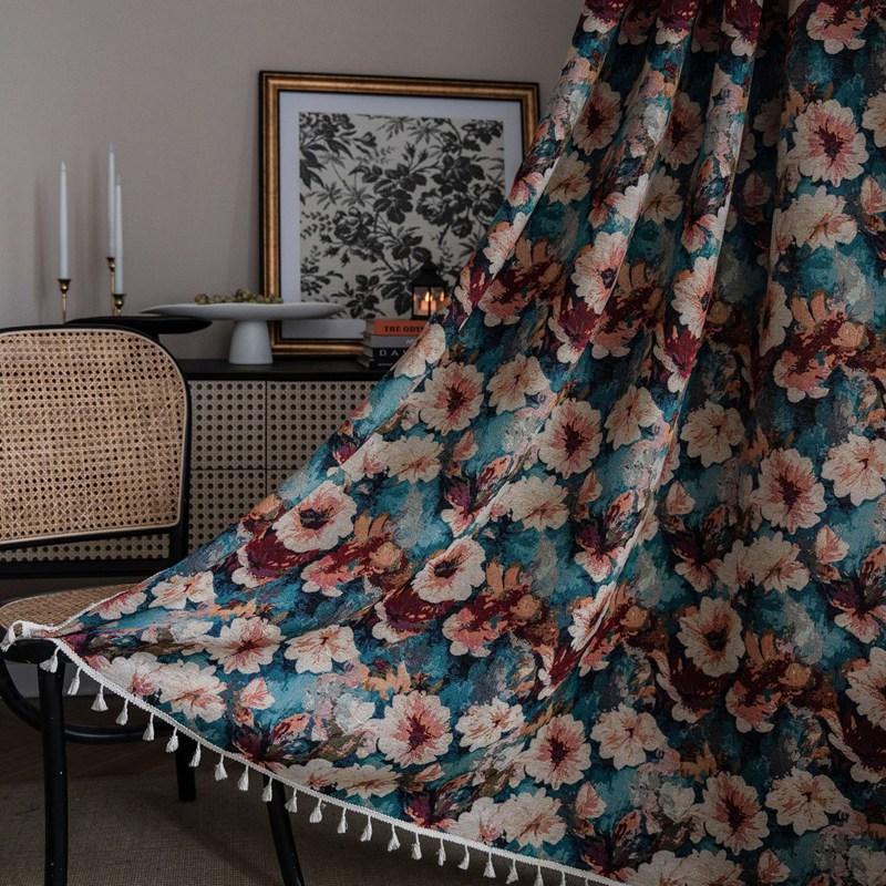 Polyester Cotton American Style Retro Jacquard Tassel Oil Painting Curtain Living Room Semi-shading Drape Kitchen Valance