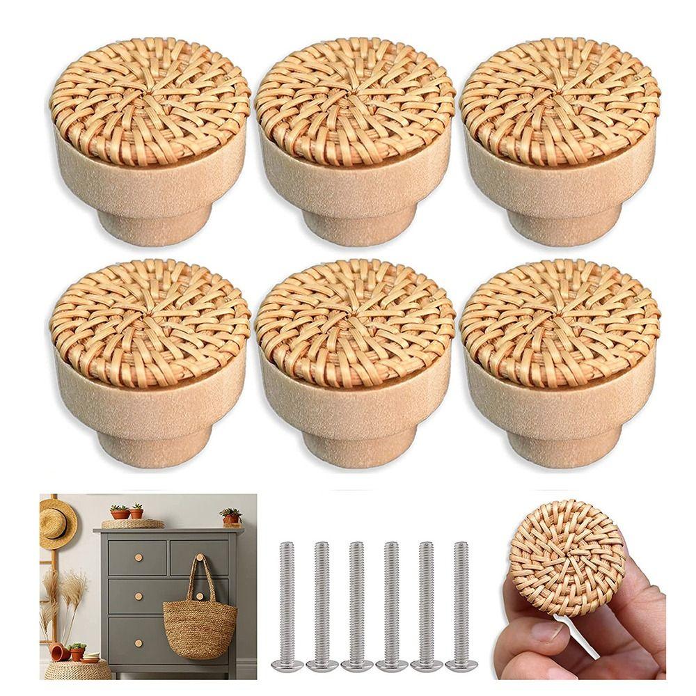 2Pcs Solid Wood Rattan Drawer Knobs Round Single Hole Cabinets Dresser Handles DIY Wooden Door Pulls