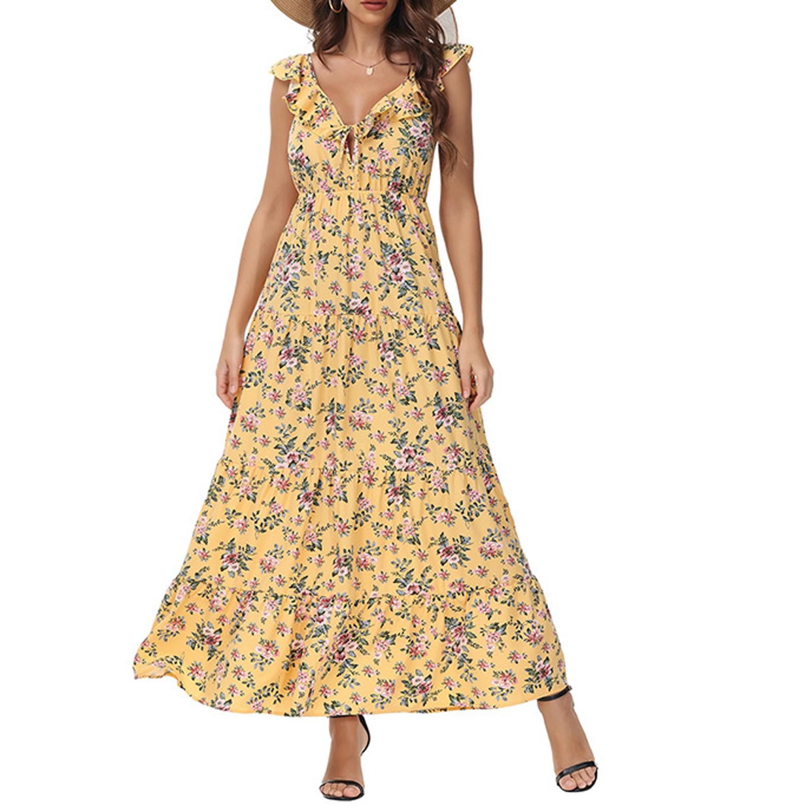 

Женское повседневное и модное платье с V-образным вырезом, цветочным принтом, комбинезон и длинная юбка XL жёлтый