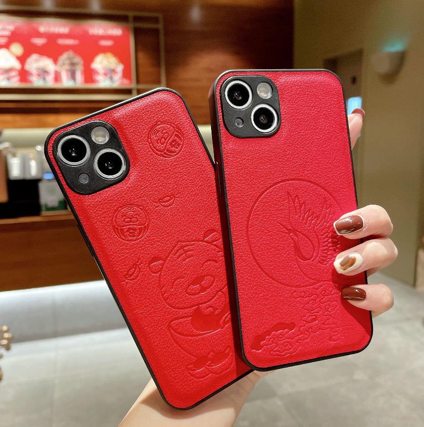 

Red Leather Grain iPhone 15 Pro Max Case with Tiger & Crane Design 12 Pro арбуз красный