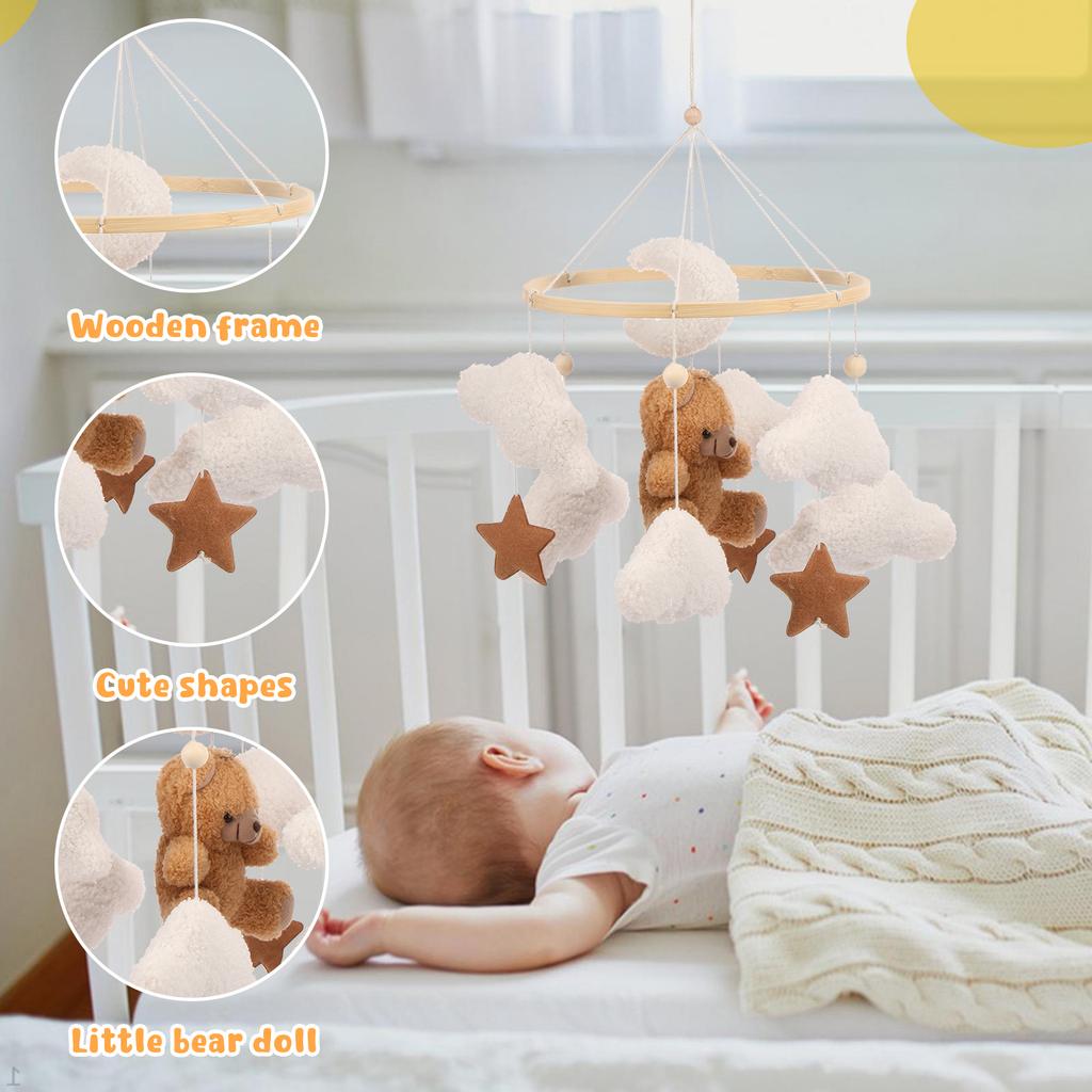 Wooden Crib Mobile Baby Bed Bell Rattle Toy Soft Felt Cartoon Bear Mobile Hanging Newborn Music Box Bed Bell Hanging Brackets