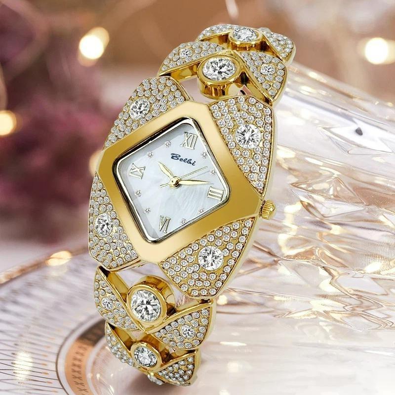 Unique Design Gold Women Bracelet Watches Luxury Elegant Wrist Watches For Ladies Full Diamond Women Quartz Wristwatches