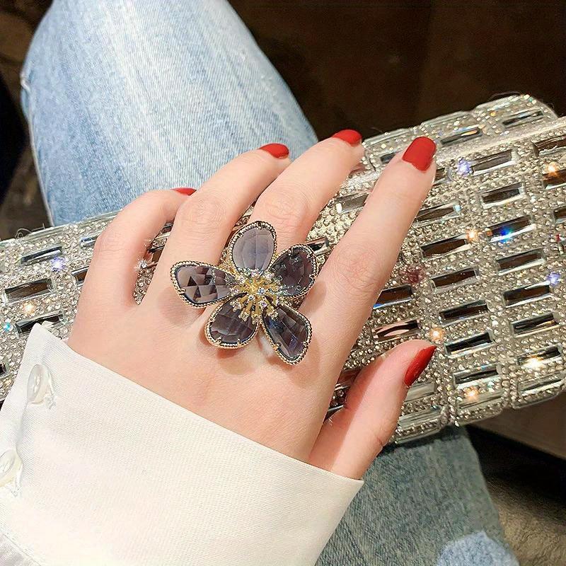 1Pc Elegant Zinc Alloy Ring with Sparkling Rhinestones and Artificial Gemstone- Irregular Flower Design for Women,