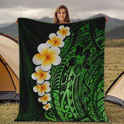 Green Polynesian Pattern Blanket for Sofa Bed Travel Camping Living Room Office Conditioning Blanket for All Seasons Gifts