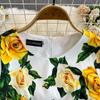 Summer Runway Fashion Rose Flower Print Bodycon Dress Women Holiday O-Neck 3/4 Sleeve Elegant Split Midi Party Dresses