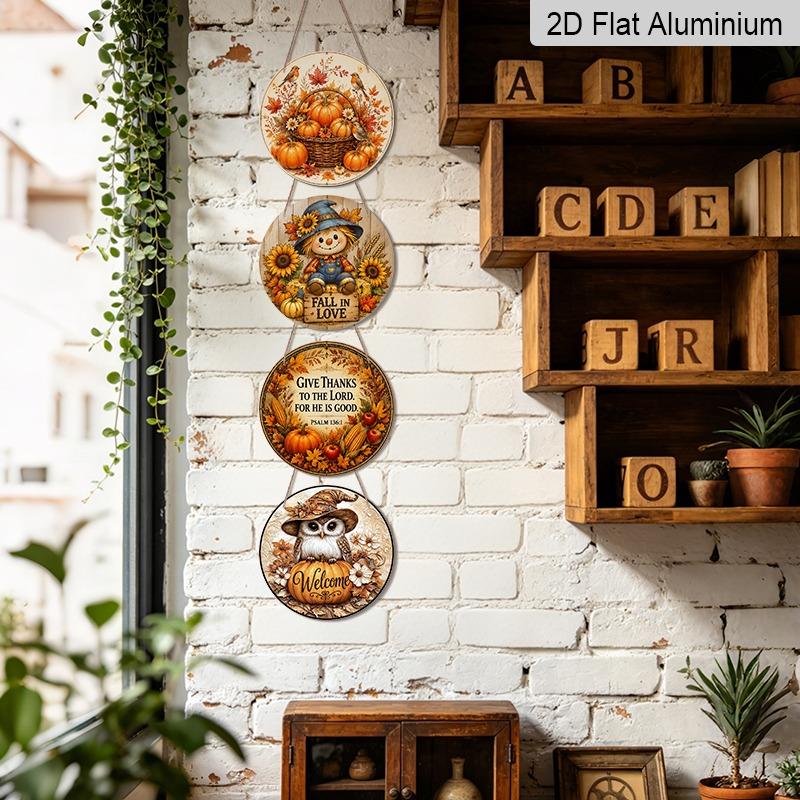 2D Flat 1pc/4pcs Decorative Plaques & Signs Fall Harvest Hanging Wall Decor Set, Round Aluminum Pumpkin, Scarecrow, Thanksgiving Bible Verse & Owl