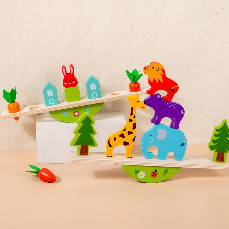 Montessori Sensory Toys Stacking Toys for Baby Rabbit Animal Balance Wooden Building Blocks Early Childhood Education Game Gift