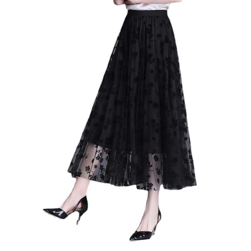Bust Skirt Women's Summer Big Pendulum Pleated Mesh Skirt Floral a Word Women's Drape Skirt Summer High Sense Small Long Skirt