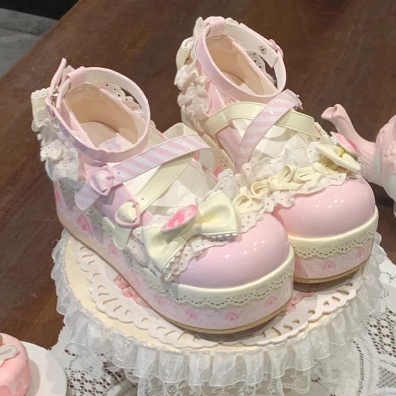 Cute Sweet Lolita Shoes Thick Sole Platform Women Pumps PU Leather Mary Janes Girls Sandals Cross Strap Party Princess Shoes