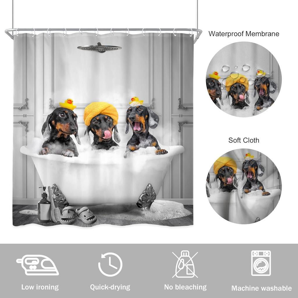 Lustige Hunde Duschvorhang 72Bx72H Zoll Dackel badet in Badewanne Niedliches Tier Welpe Haustier Urkomischer Duschvorhang Badezimmer-Set
