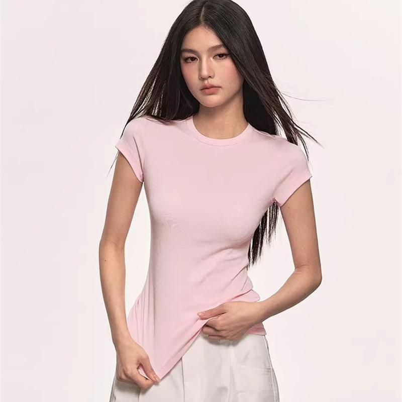 White shoulder short sleeved T-shirt for women, Lyocell summer solid color base, versatile round neck slim basic T-shirt top for women