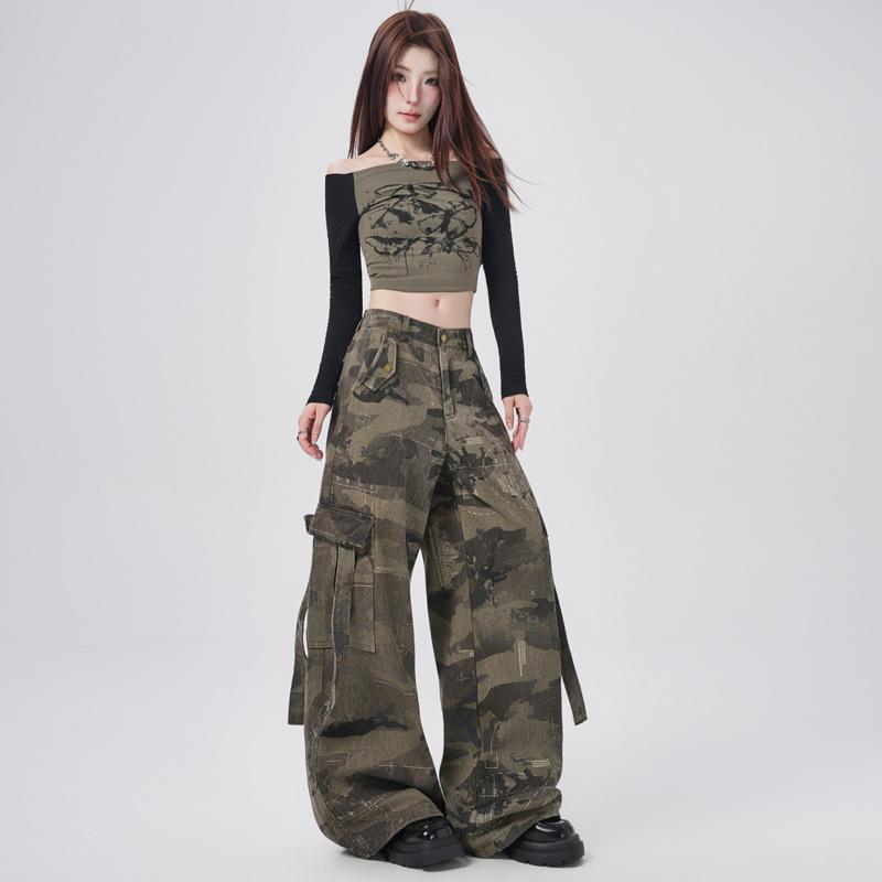 American High Street Design Overalls Wide-leg Denim Camouflage Casual Cool Spicy Style Mopping Women's Jeans