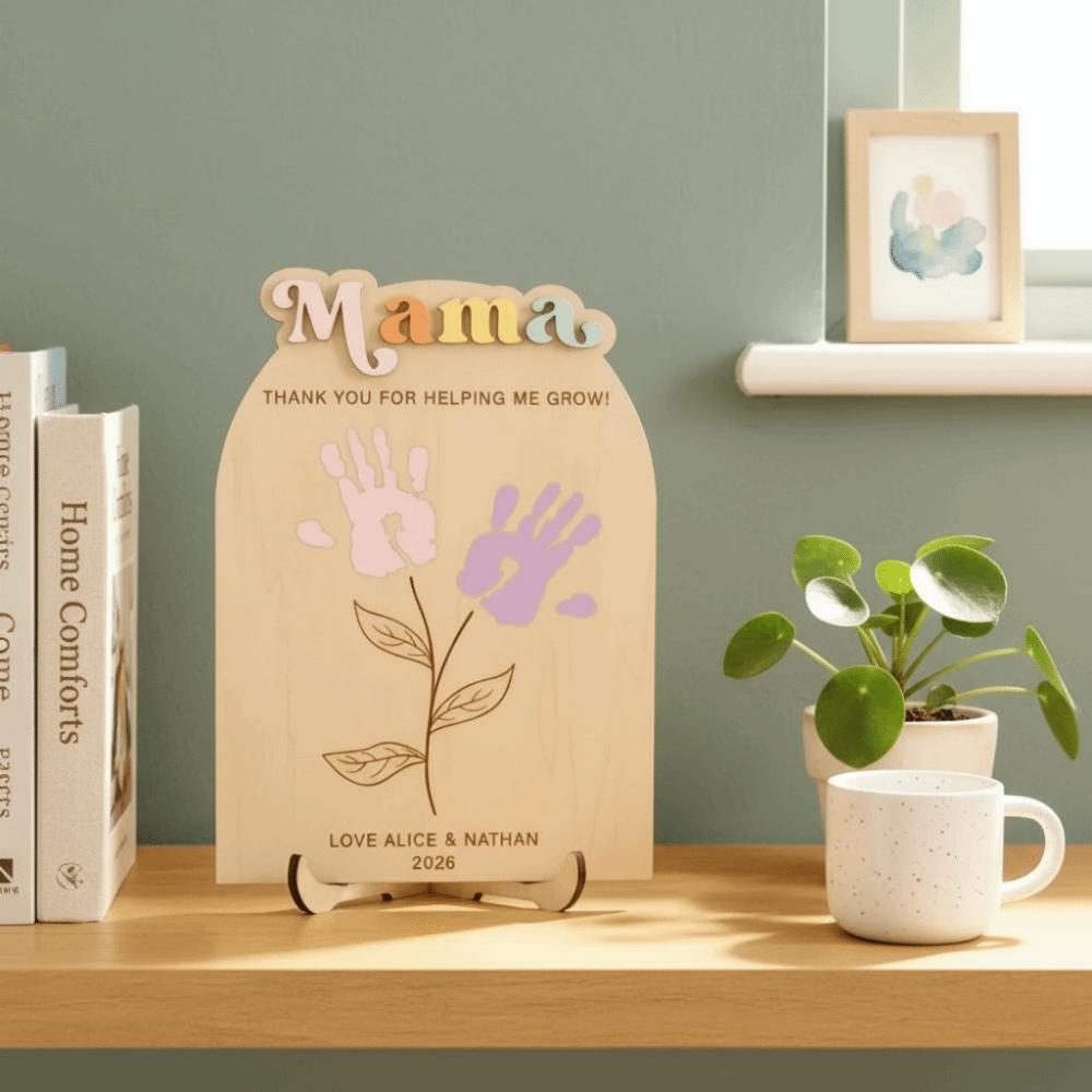 Handbemalte Muttertags-Plakette Ornament Geschenke für Mama DIY Handabdruck Schild 2D Flache Dekoration Holzblumen-Bastelarbeit Muttertag