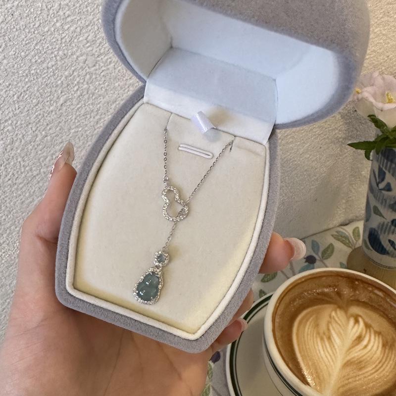 925 Sterling Silver Interlocking Gourd Necklace with Blue Water Jade and Diamond Accents