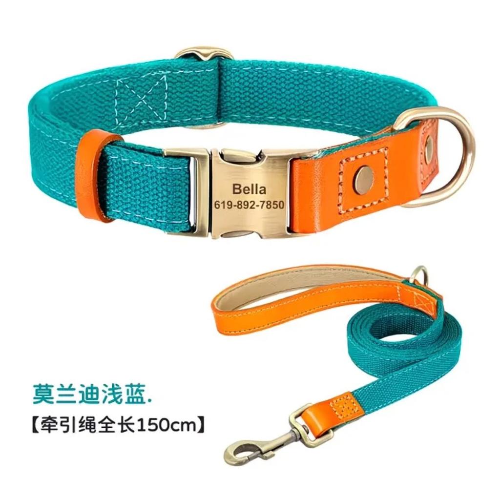 Customized Personalized Nylon Leather Dog Collar with Pet ID Tag 5ft Walking Leash Rope Set for Pug And Other Breeds