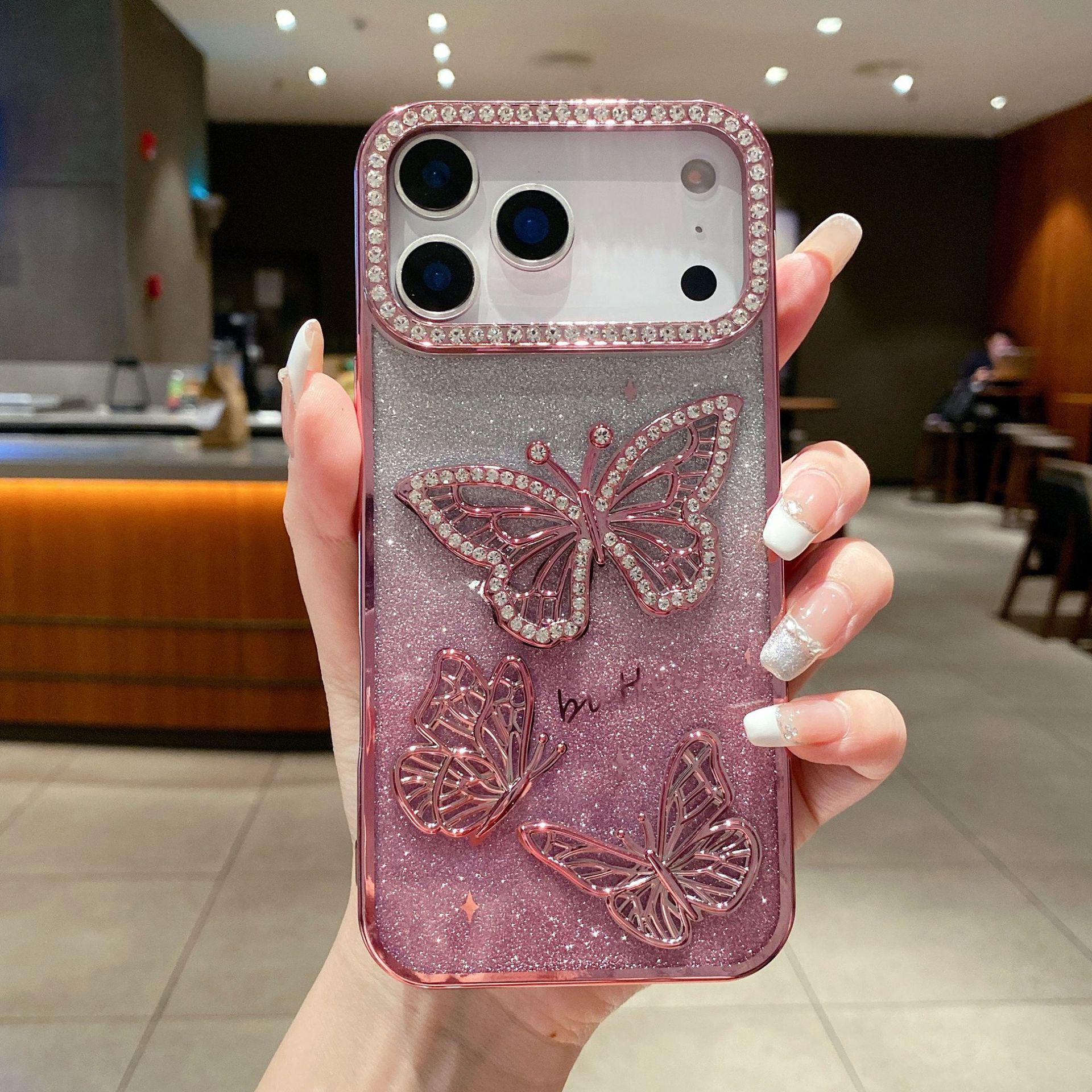 Gradient Glitter Butterfly Rhinestone iPhone 17 Pro Max Case & Soft Plating for 14/16 Couple Set iPhone 14 Pro Max