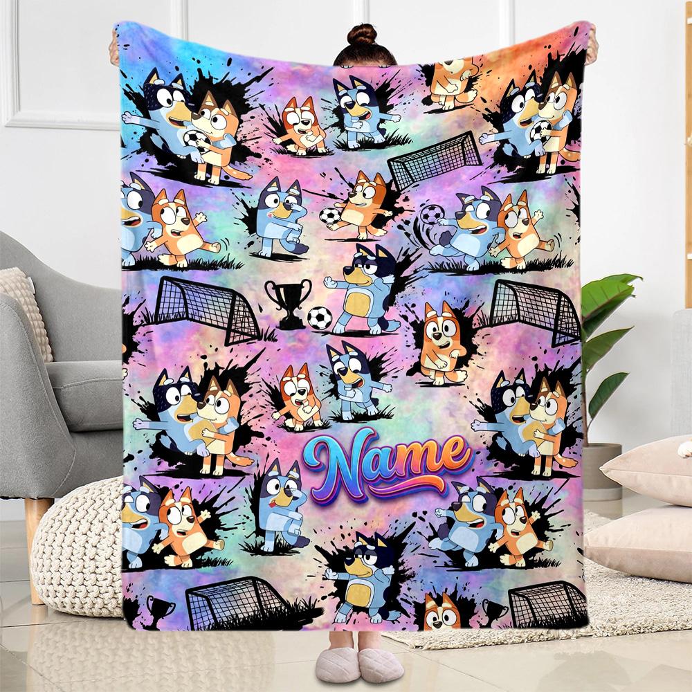Bluey's Soccer Celebration Customize Your Name Blanket Lightweight Customizable Blanket Ultra-Soft Perfect for Couch Seaside Living Room Livingroom
