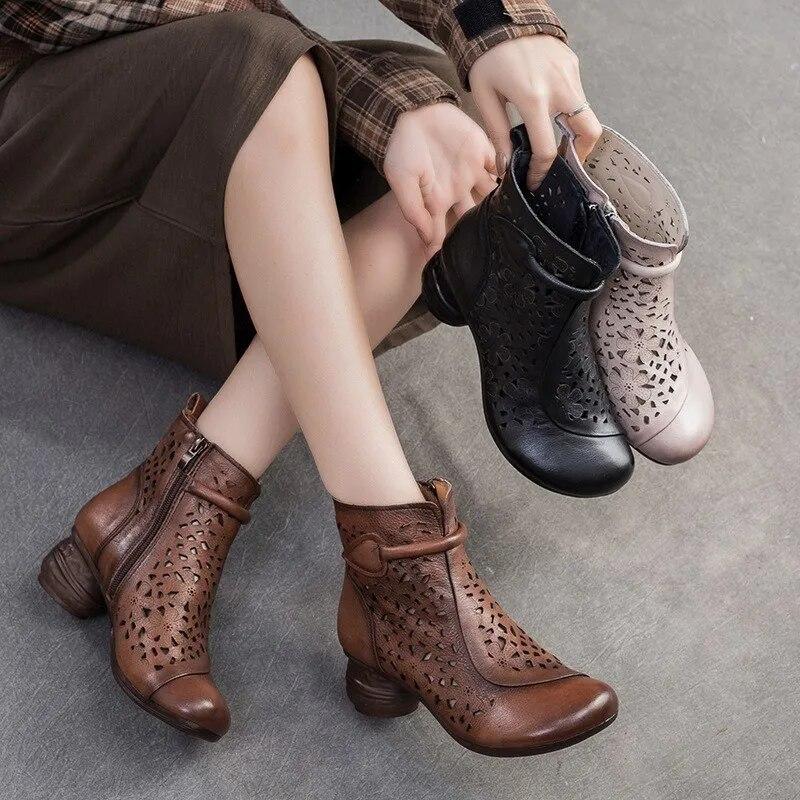 Johnature Retro Prodyšné Holínky Letní Sandály Móda z pravé kůže Dámská obuv na vysokém podpatku