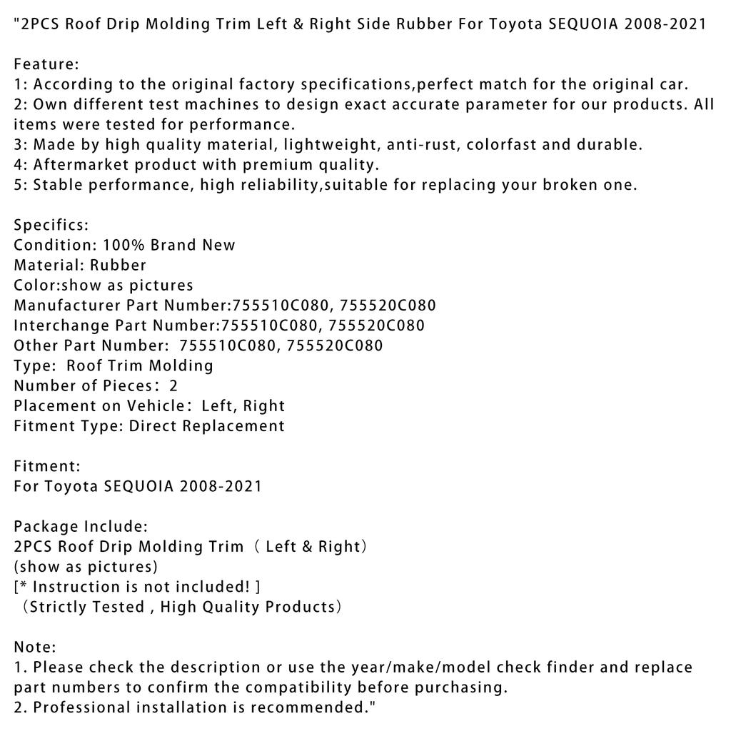 2PCS Roof Drip Molding Trim Left & Right Side Rubber For Toyota SEQUOIA 2008-2021