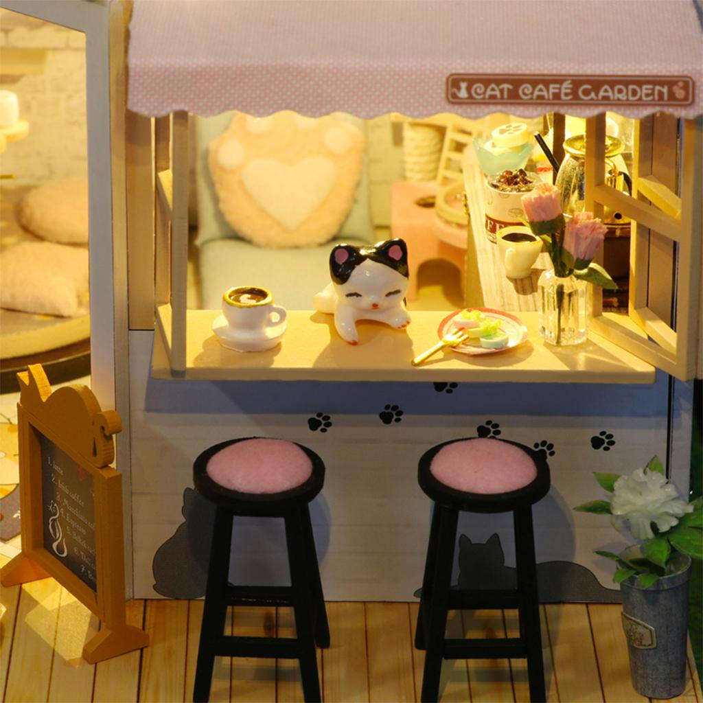 Dollhouse Miniature Cat Coffee Shop with Furniture LED Gift