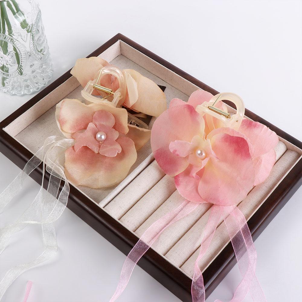

Pearl Orchid Hair Clip Ribbon Large Shark Clip Creative Flower Hair Claw Girl style 3