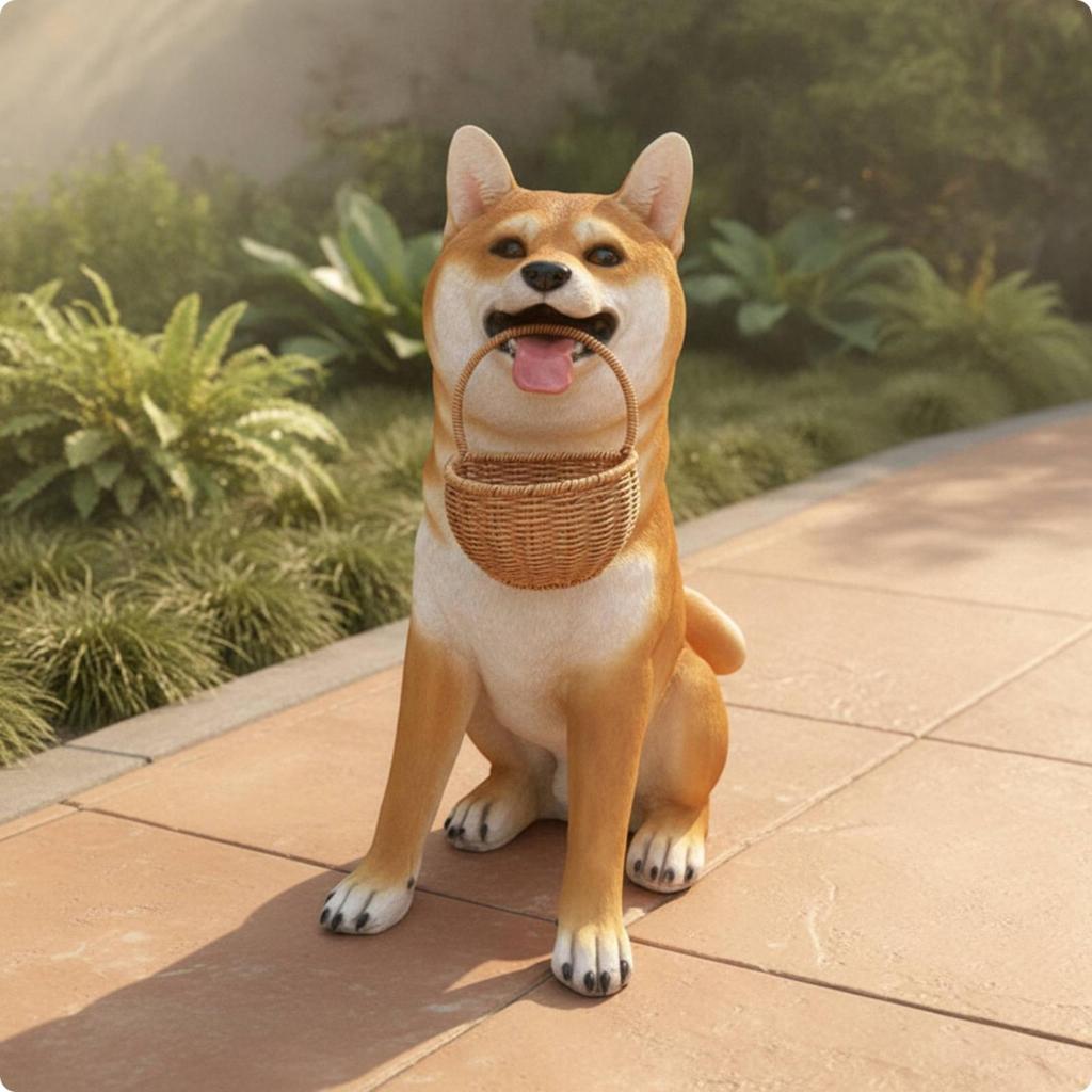 TanandWhite Dog Statue Fiberglass Akita Outdoor Canine Sculpture with Basket for Entryway