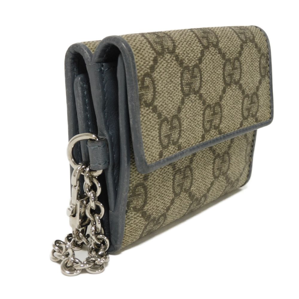 Used GG Supreme Mini Wallet 256442 7942 with Key Ring Chain, Blue Gray, 9539. Double G Beige Unisex from Japan AUTHENTIC
