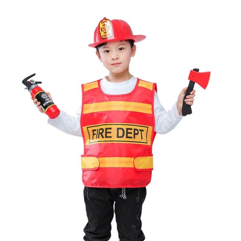 Kids Halloween Role Play Costumes, Fireman Costume with Fire Extinguisher, Walkie-talkie, Crowbar for Children