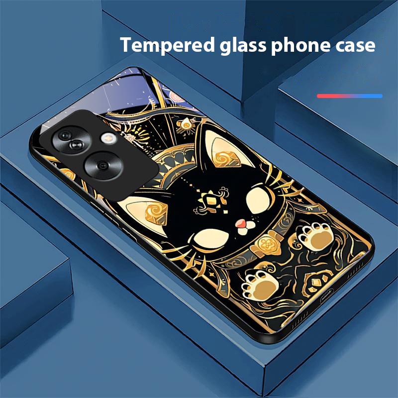 Schwarze Goldkatze für Oppo A79 5G 58 78 74 60 4G Reno 11F Realme GT 6 11 Note 50 10 C55 X2 Hartglas Schwarze Handyhülle