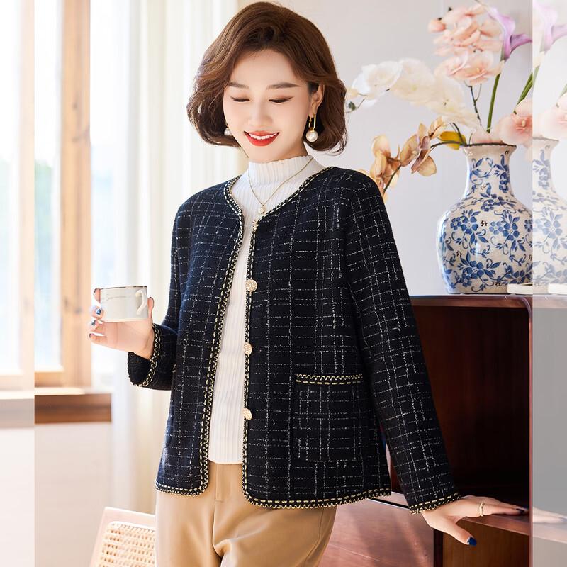 Qianlian Mid-Aged Women's Round Neck Plaid Little Fragrance Knit Cardigan