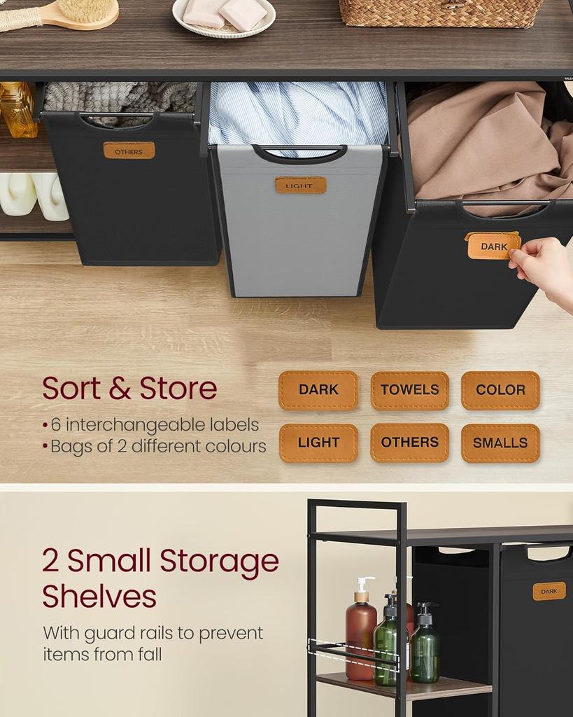 VASAGLE Laundry Hamper with 3 Compartments, 150 L Laundry Sorter, Rolling Laundry Cart with Shelves, Removable Liners, 6 Labels, Chestnut Brown