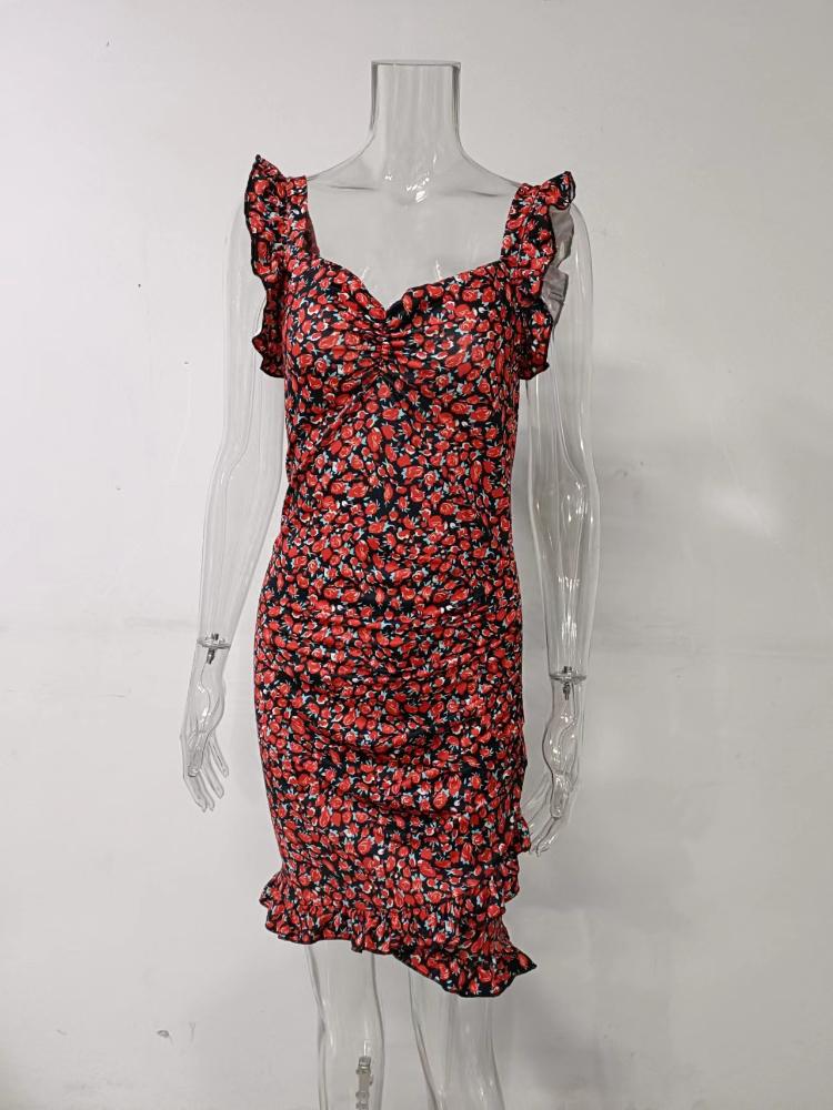 Summer Women Print Floal Butterfly Sleeve Dress Bodycon Ruffles V-neck Bandage Casual Short Sundress Female Beach Mini Strap Dress