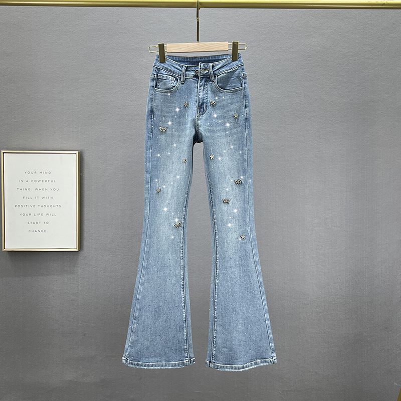 

European Goods Pants Elastic High Waist Silm Slim Looking Hot Drilling Blue S