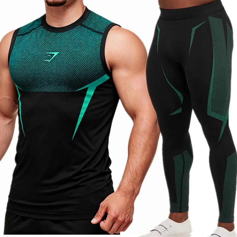 Mens Quick-Dry Compression Fitness Set Sleeveless Tank Top 9/10 Length Leggings Gym Workout Running