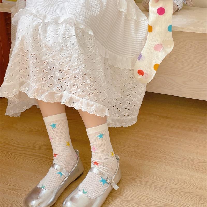 Ladies Spring and Summer Thin Striped Star Color Polka Dot Lovely Breathable Mesh Hollow Tube Stack Socks