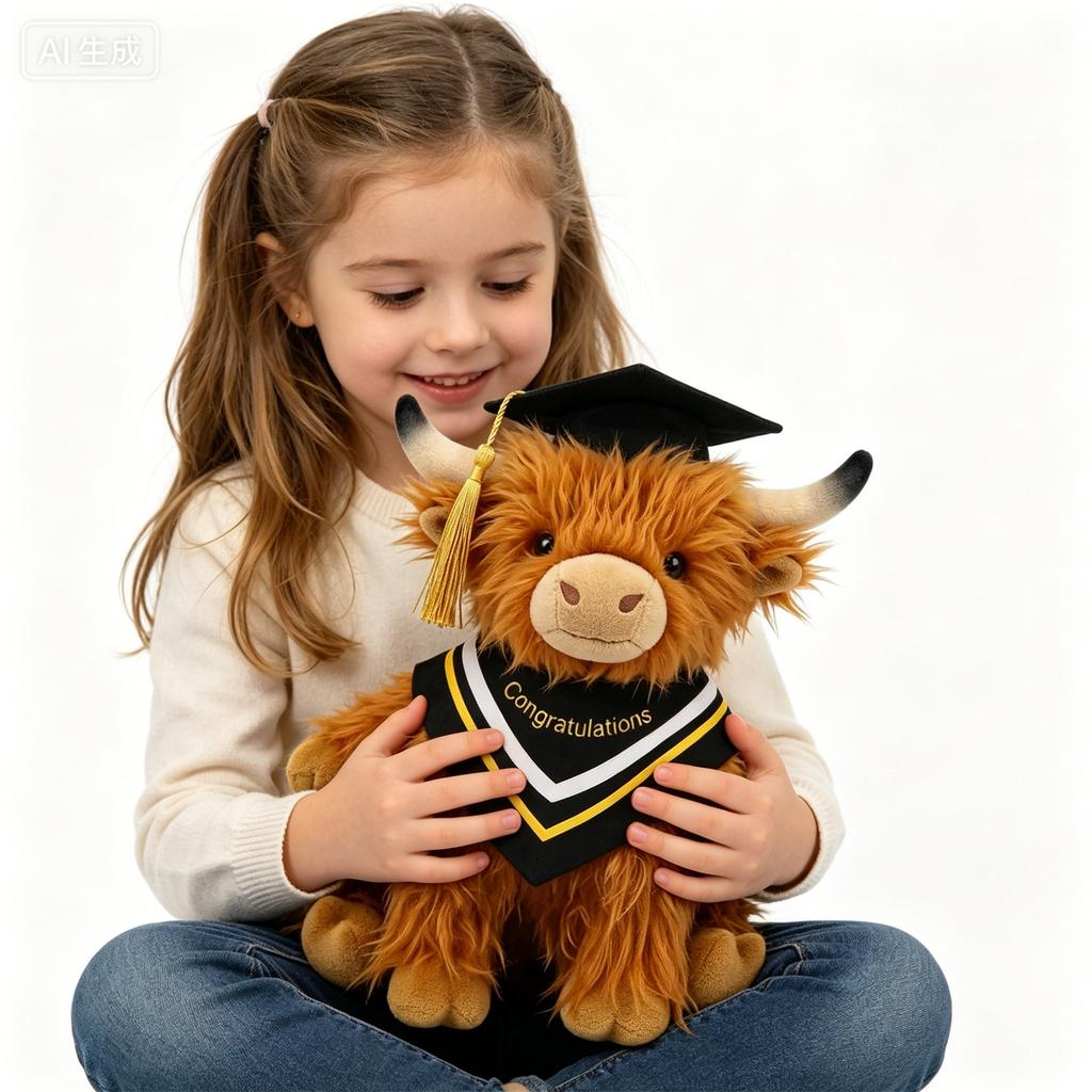 Plush Graduation Highland Cow Stuffed Animal Soft Plush Toy with Graduation Cap and Congratulations Scarf Ideal for Home Decoration and Play