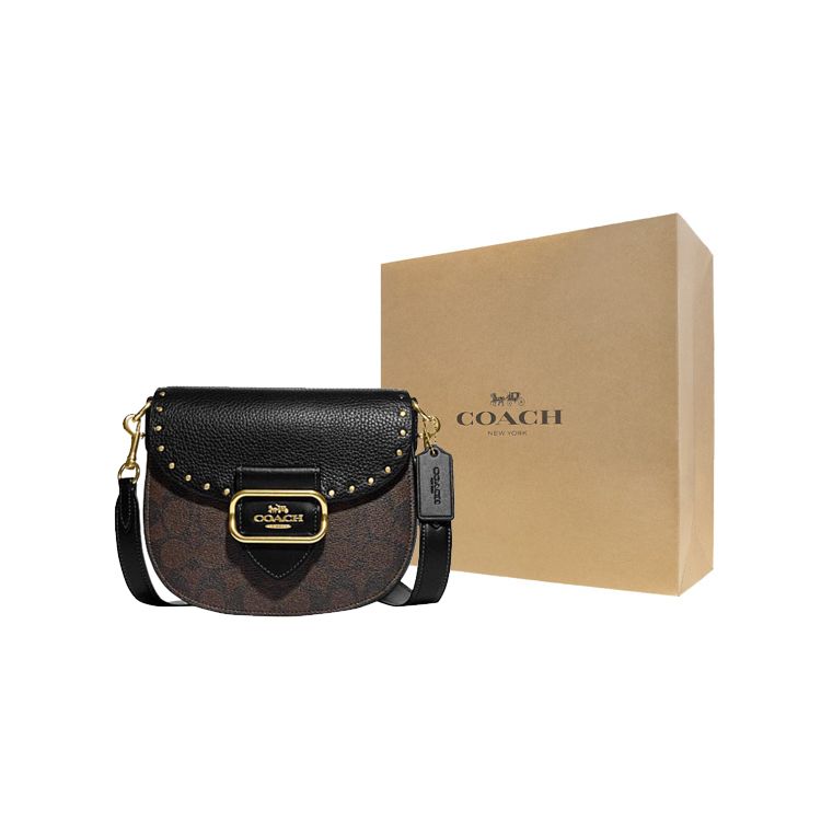 Coach Morgan 20 Classic Monogram Print Flap Crossbody Bag With Studded Decoration Women Crossbody Bag Brown Black CE567-IMOSN
