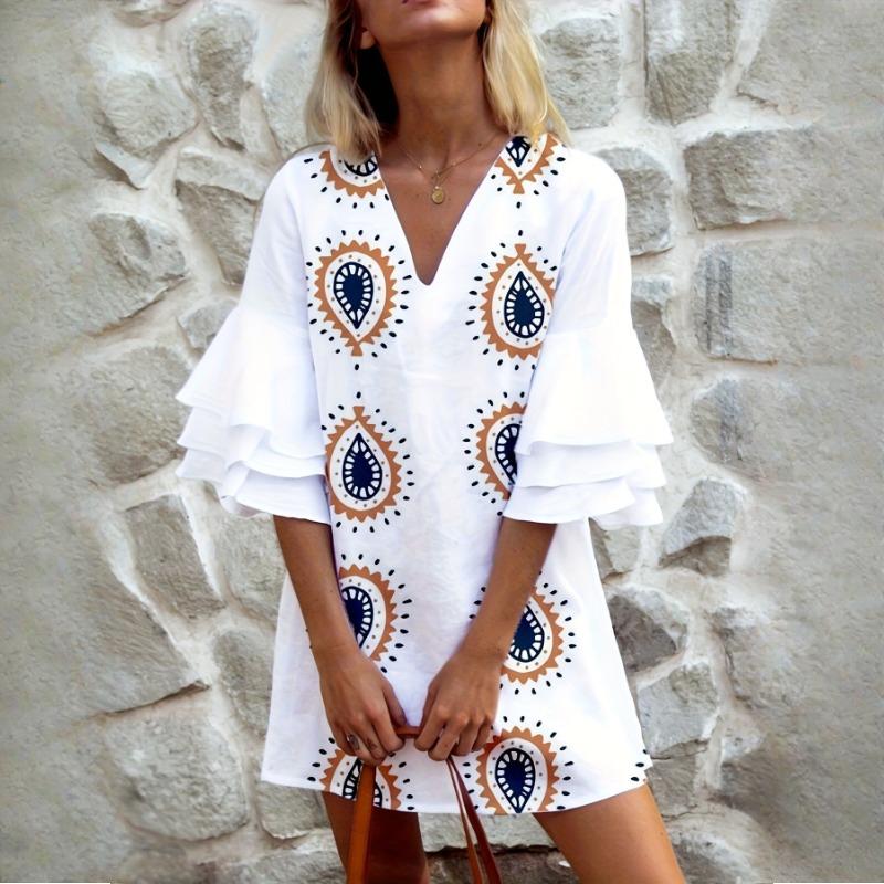 QICED Spring and Summer Women's Casual Striped Printed Loose Midi Pullover Dresses